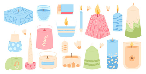 Scented crafted candles different shapes set. Wax, soy, paraffin candles in jar, containers pillar. Aroma spa accessories for relax collection. Home decor items. Vector flat illustration