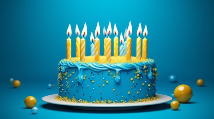 A blue birthday cake with candles on it