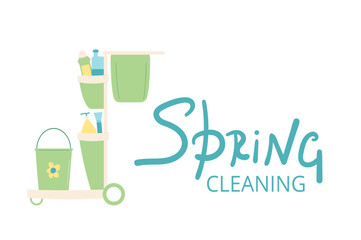 Spring cleaning banner template. Equipment elements for wash home with lettering background. Housework concept. Cart, bucket mop spray various tools. Vector flat illustration