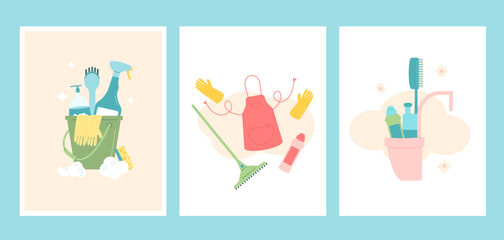 Spring cleaning poster set. Bucket, apron gloves and mop spray various tools banners. Equipment elements for wash home backgrounds collection. Housework card concept. Vector flat illustration