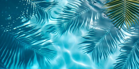 Light clean transparent pool water surface background wallpaper with tropical leaves shadow