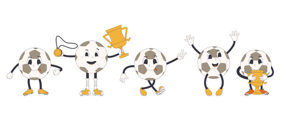 Obraz na płótnie Canvas Football ball cartoon characters. Winner soccer retro mascots set. Rubber hose animation style sport equipment.