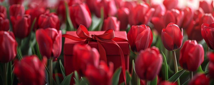 Red gift box among tulips