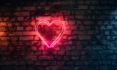 Radiant neon heart shaped frame rustic brick wall background for Valentine Day , Generative AI