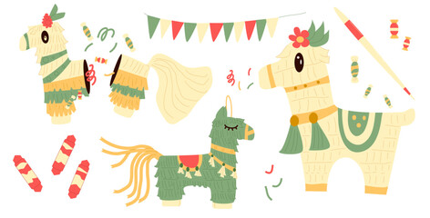 Pinana horse set for traditional mexican party. Carnival and birthday various toy for celebration childish game. Vector illustration isolated on white background