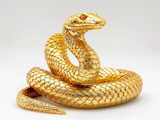 Fototapeta premium A golden serpent sculpture is coiled with its head raised