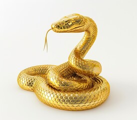 Fototapeta premium A golden, highly detailed, serpentine sculpture poses elegantly against a white background