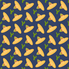 Mexican seamless pattern. Cactus and sombrero repeat background. Hats of mariachi musicians endless cover. loop ornament. Vector illustration.