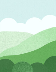 Summer nature background. Abstract meadow banner template with grass sky and cloud. Card with trees decoration. Vector textured flat illustration