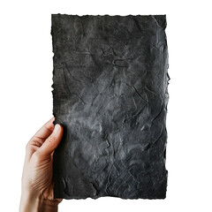 hand holding black blank flyer on a isolated on transparent background png