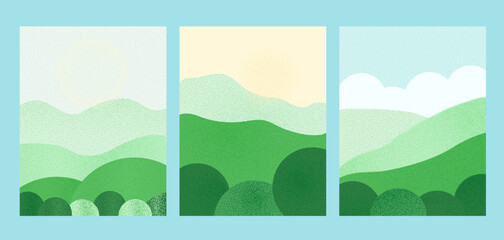 Fototapeta premium Summer landscape nature background s set. Abstract meadow banners vertical collection template with grass sky and cloud. Card with trees decoration. Vector textured illustration