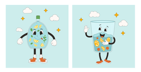 Fototapeta na wymiar Bottle and glass of water with lemon and orange retro mascots. Homemade soft drink rubber hose groovy characters. Drink more water cards. Vector flat illustration