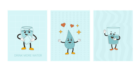 Fototapeta na wymiar Drink more water banner set . Posters with retro drop and glasses characters. Healthy habit and wellness banner with rubber hose mascot. Vector flat illustration