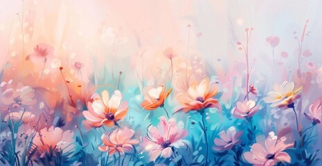 pastel colored field of daises in alcohol style painting, on a white background