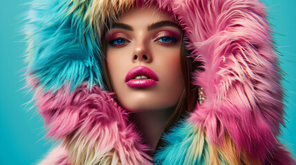 fashion woman in colorful fur jacket
