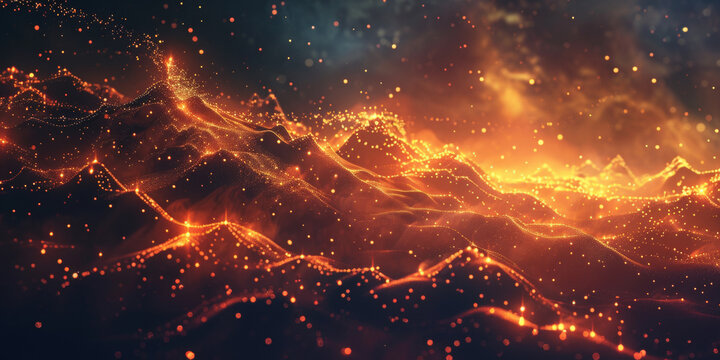 A computer generated image of a fiery mountain range with glowing sparks. Concept of awe and wonder at the beauty of nature and the power of fire