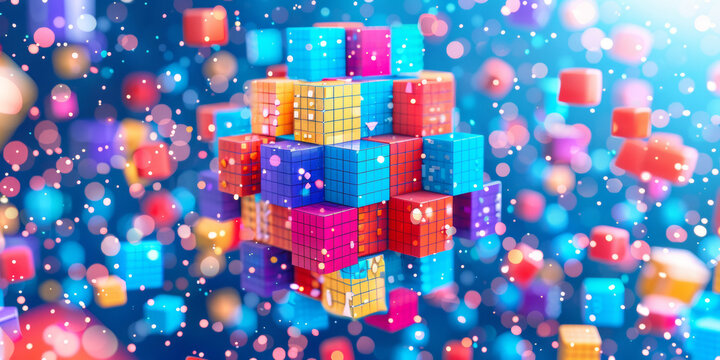 A colorful cube made of blocks is floating in the air. The blocks are of different colors, and they are scattered all around the cube. The image has a playful and whimsical mood