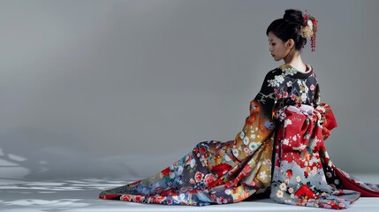 Japanese woman in a traditional kimono on grey background. Female in asian clothes. 