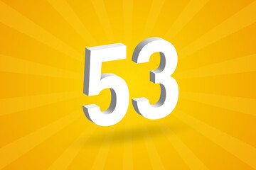 3D 53 number font alphabet. White 3D Number 53 with yellow background