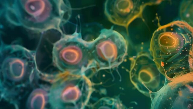 An image of a group of Entamoeba histolytica a parasitic amoeba that can cause severe diarrhea and damage to the intestinal lining . AI generation.