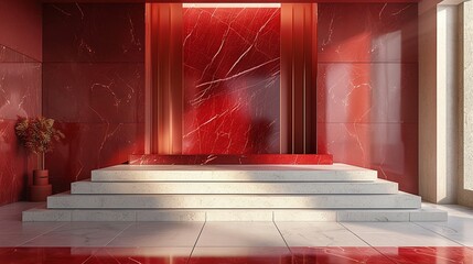 Luxurious Red Lacquer Podium in Opulent NeoClassical Hall - Ideal for Perfumery Labs