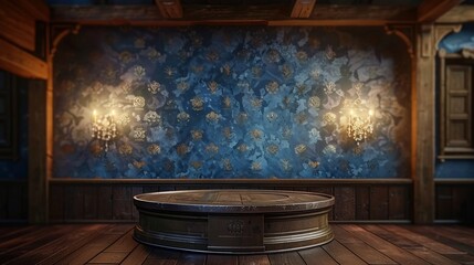 Elegant Sapphire Podium On Display Against Bavarian Lodge Backdrop, Creative Wallpaper Design