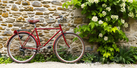 Fototapeta na wymiar Bicicleta Vermelha Estacionada ao Lado de uma Parede de Pedra