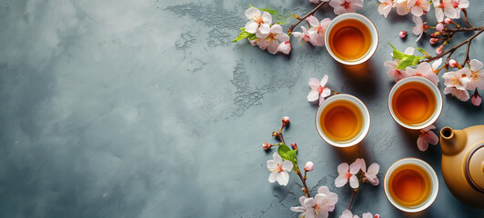 Obraz na płótnie Canvas Tranquil Tea Time. Ceramic Teapot and Cups Amidst Spring Flowers