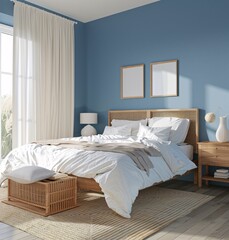 Bedroom Bliss A Blue-Walled Paradise with a Modern Rattan Bed Generative AI