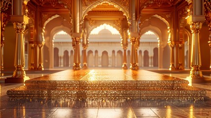 Golden Podium Front View with Traditional Indian Palace Courtyard Ambiance for Exclusive Fine Dining Events