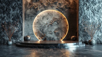 Moonstone Podium Display in New York Fashion Studio, Ideal for Brewery Ads - obrazy, fototapety, plakaty