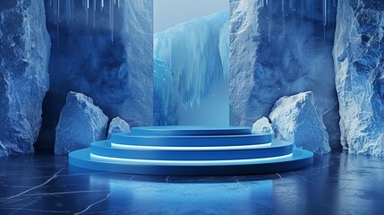 Sapphire Blue Podium in Spanish Plaza Setting, Perfect for Gourmet Pastry Displays