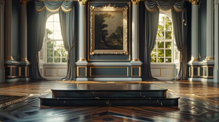 Elegant Ebony Wood Podium in Stunning Front View with Georgian Drawing Room Background - Perfect for Custom Jewelry Classes - obrazy, fototapety, plakaty