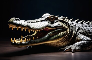 Close-up portrait of a crocodile on a black background - Powered by Adobe