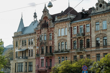 Naklejka premium Facades of historical buildings on one of the streets of Lviv, Ukraine.