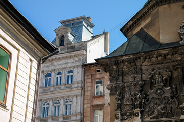 Facades of buildings on one of the streets of Lviv, Ukraine.