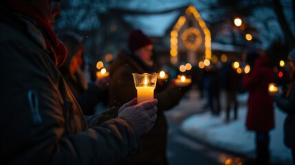 A gathering of people holding candles during a candlelight vigil outside a church. - obrazy, fototapety, plakaty