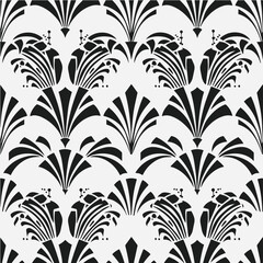 Art Deco Vintage Palm Leaves Botanical Black and White Seamless Pattern