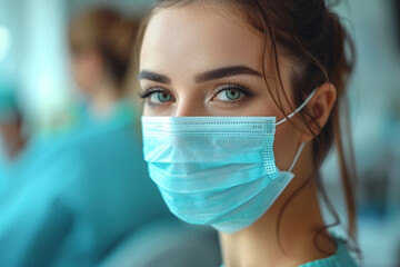 Beautiful female doctor or nurse looking at camera with a mask and clear Caucasian eyes