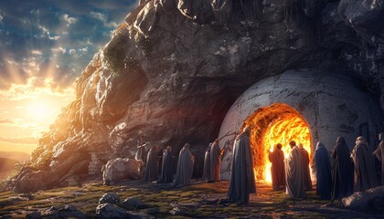A group of people dressed in long robes, standing in front of a cave entrance, possibly attending a themed event or gathering inspired by the current trend  Generative AI