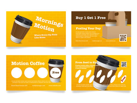 Coffee take away loyalty card customer program for get free design template set vector illustration