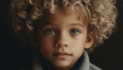 close-up of a boy with brown skin and curly blond hair, professional photo on black background