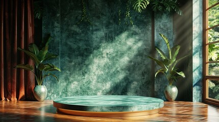 Luxurious Emerald Green Velvet Podium on Display against Cozy Brazilian Living Room, Perfect for Luxury Lifestyle Brands - obrazy, fototapety, plakaty