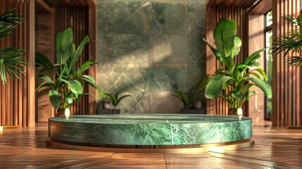 Luxury Emerald Velvet Podium Against Brazilian Living Room Backdrop - obrazy, fototapety, plakaty