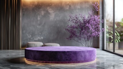 Regal Purple Velvet Podium Against Cozy English Library Backdrop - Elegant Display for Handmade Jewelry Designers - obrazy, fototapety, plakaty
