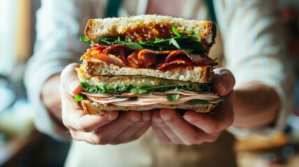 Close-up of a gourmet sandwich in hands