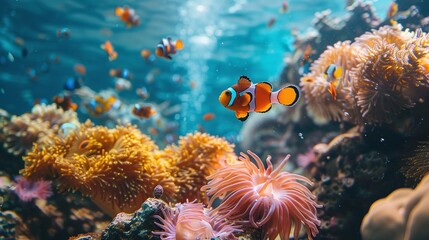 Fototapeta premium clown fish swimming in coral reef with vibrant underwater scene and colorful marine life perfect for underwater photography 