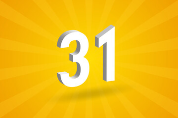 3D 31 number font alphabet. White 3D Number 31 with yellow background