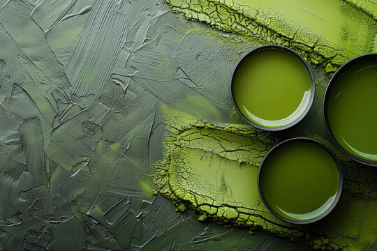 Three green bowls of green liquid on a green background. The bowls are filled with a green matcha. Detailed image of a Japanese matcha green tea, soft green color, traditional tea ceremony style,