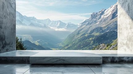 Elegant Dolphin Grey Podium in Focus, Swiss Mountain View Room Background - obrazy, fototapety, plakaty